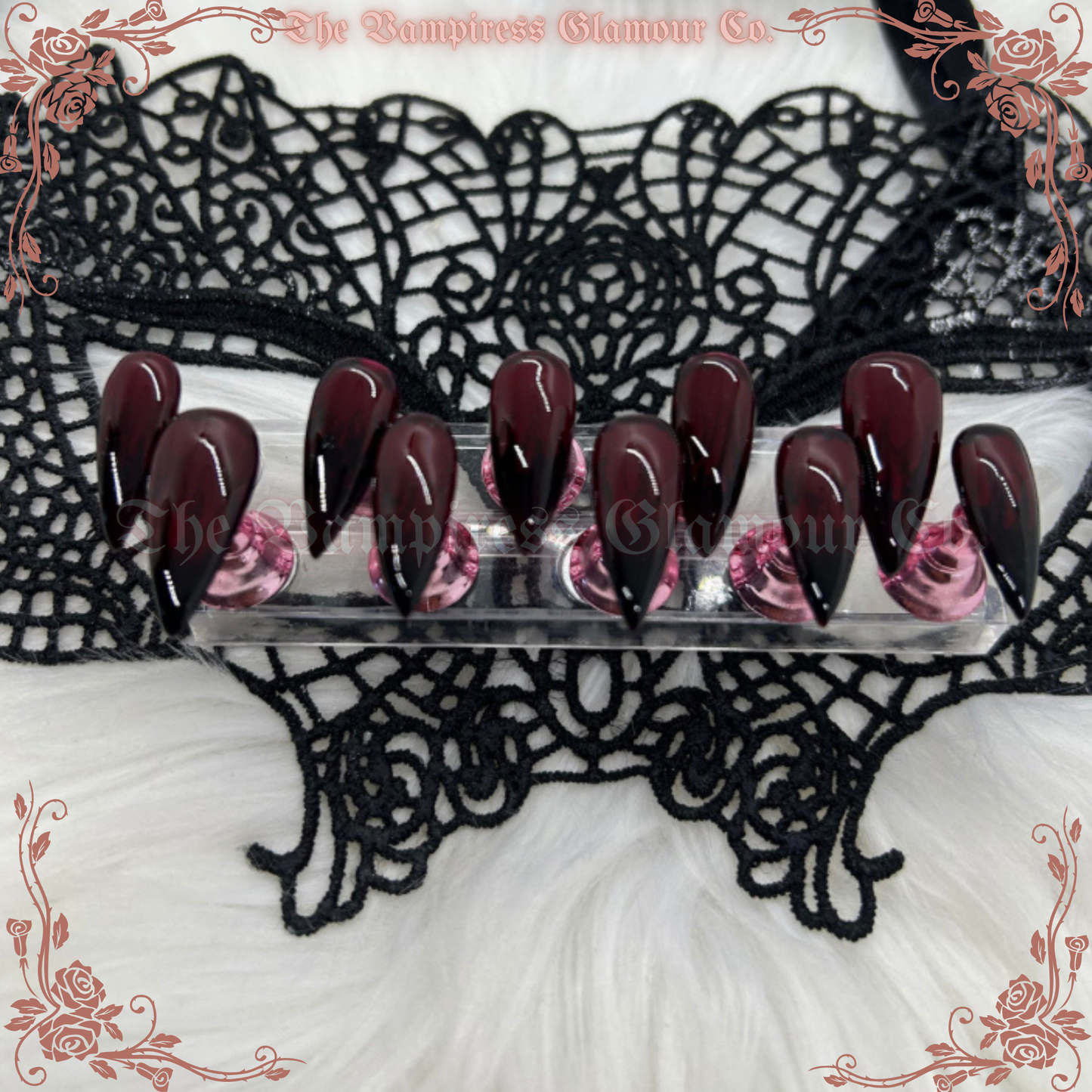Cerise Noire — Cherry Cola Goth Luxury Handcrafted Glamour Magick Gel Press-On Nail Set
