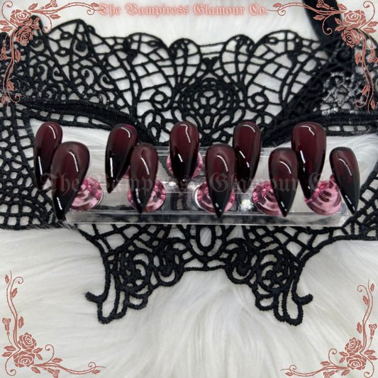 Cerise Noire — Cherry Cola Goth Luxury Handcrafted Glamour Magick Gel Press-On Nail Set