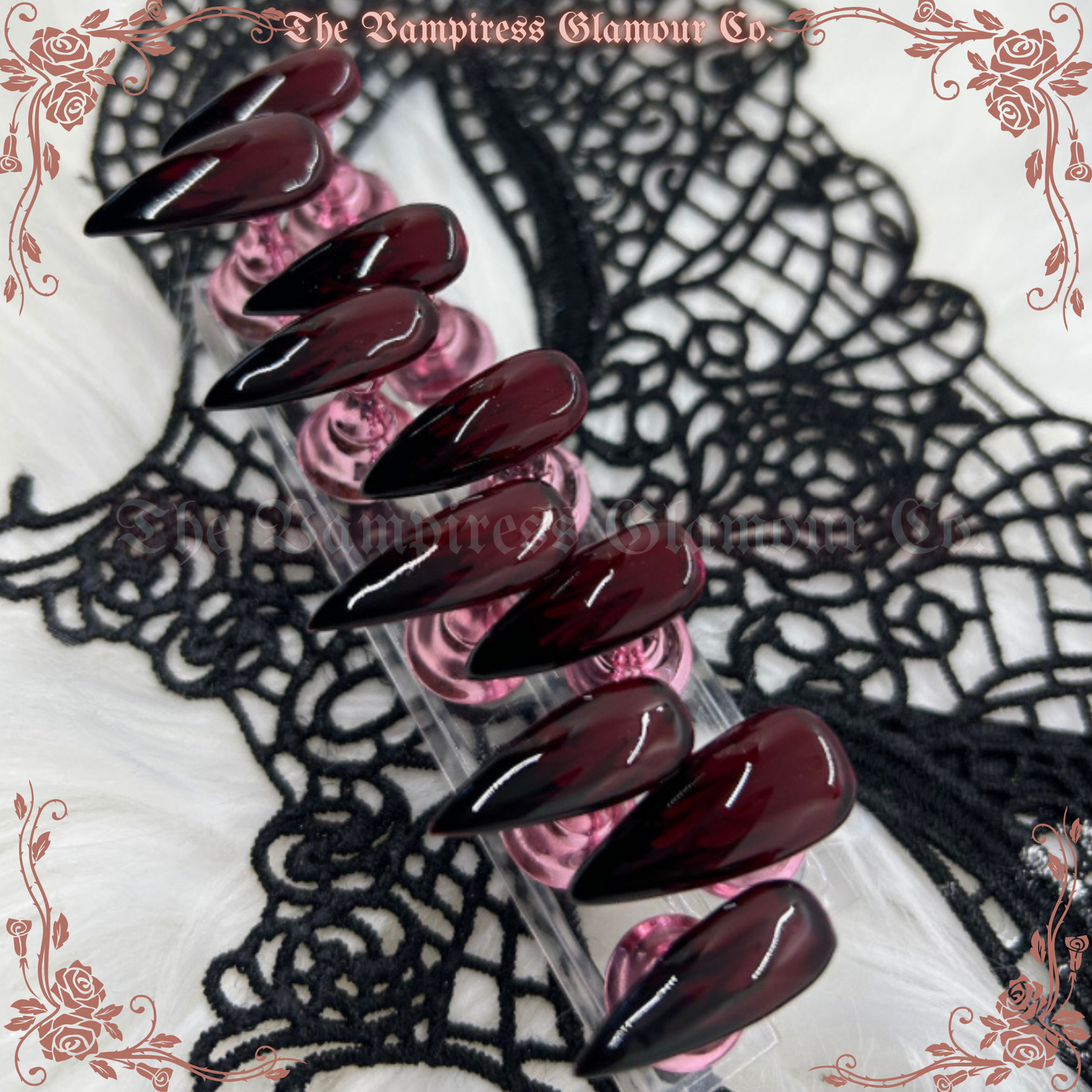 Cerise Noire — Cherry Cola Goth Luxury Handcrafted Glamour Magick Gel Press-On Nail Set