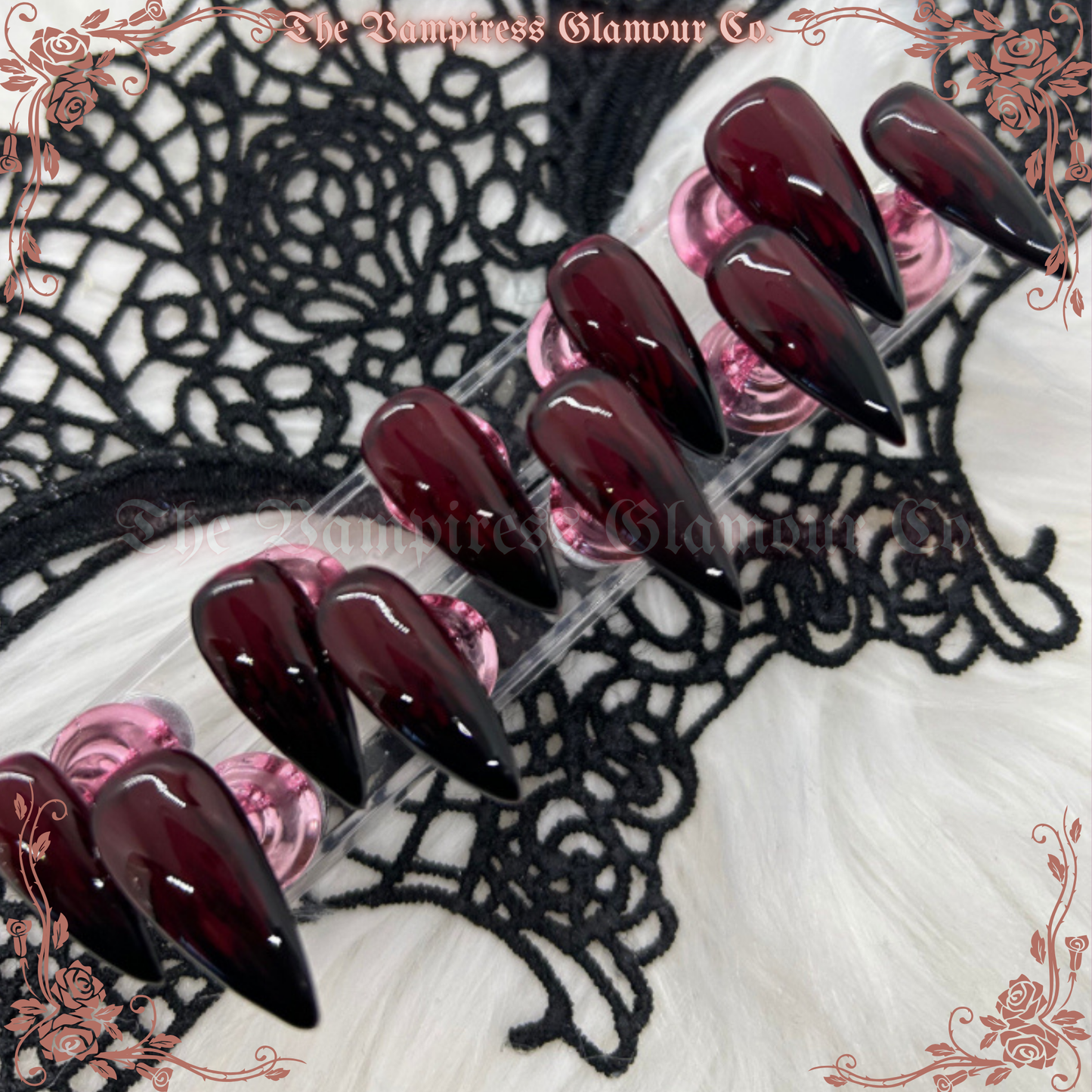 Cerise Noire — Cherry Cola Goth Luxury Handcrafted Glamour Magick Gel Press-On Nail Set