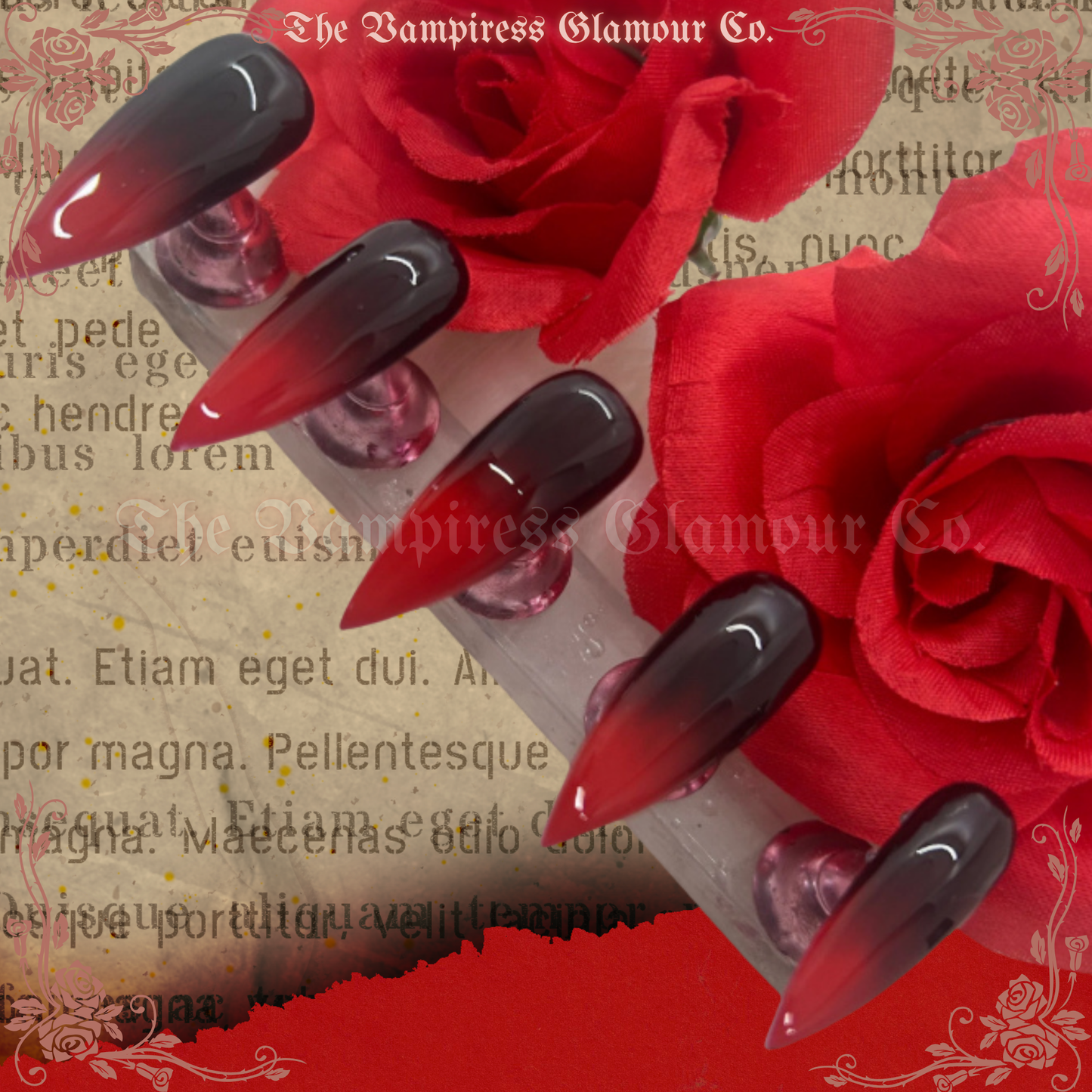 L’Ombre Écarlate — The Crimson Ombre Luxury Handcrafted Glamour Magick Gel Press-On Nail Set