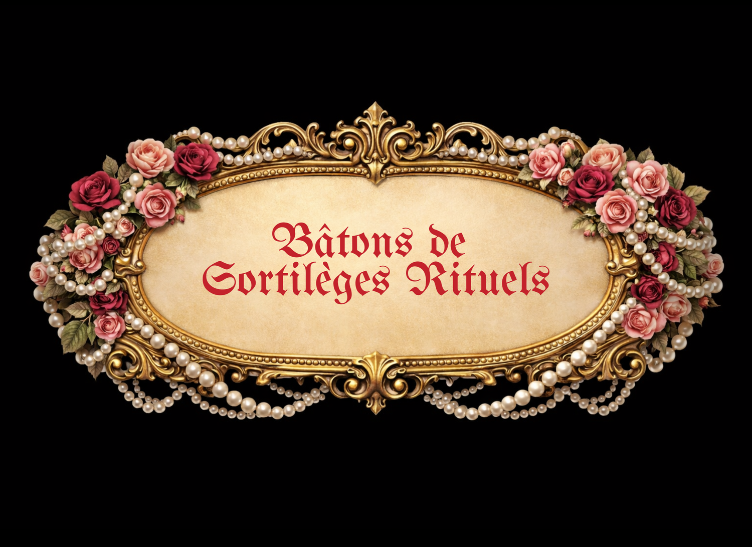 Ornate vintage frame graphics with roses that reads Batons de Sortilege Ritual