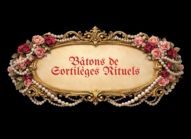 Ornate vintage frame graphics with roses that reads Batons de Sortilege Ritual