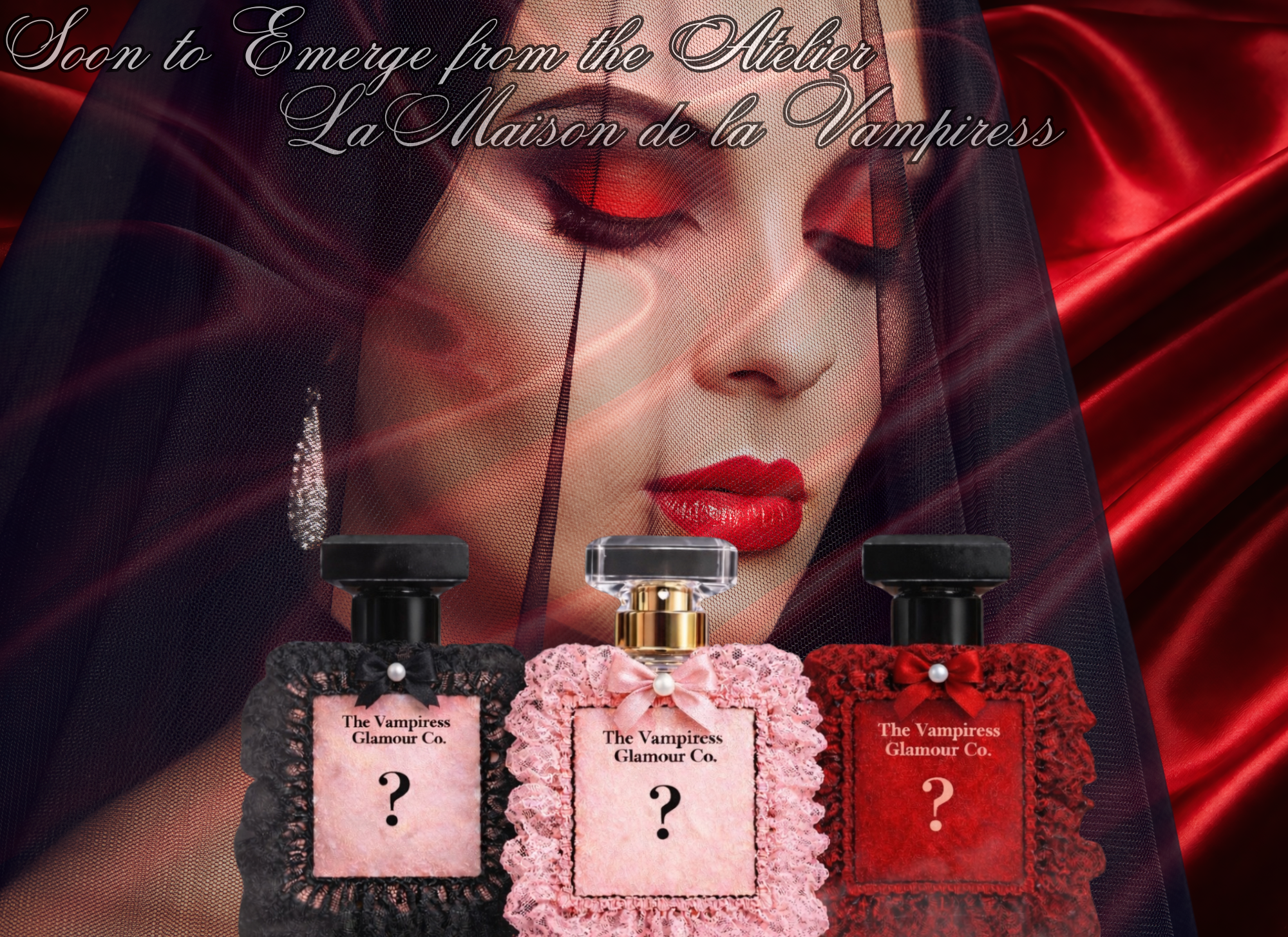 Three perfume bottles with question marks on labels, set against a dark background with red accents. Reads soon to emerge from the atelier. La Maison de la Vampiress